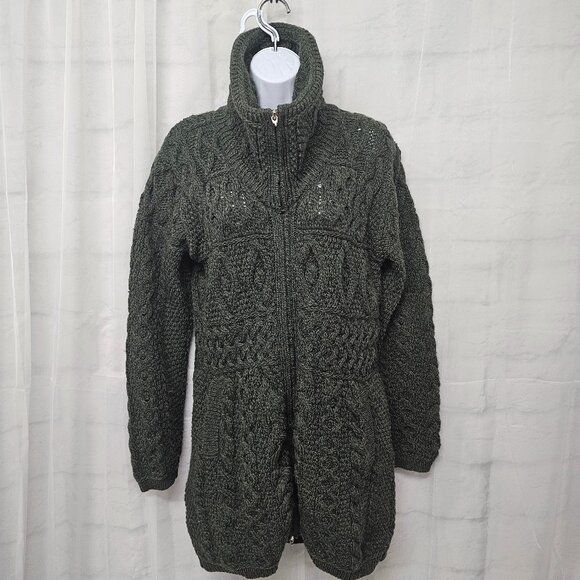 Aran Sweater Market Green Wool Cardigan Preppy Cabin Winter Irish S - Picture 1 of 12